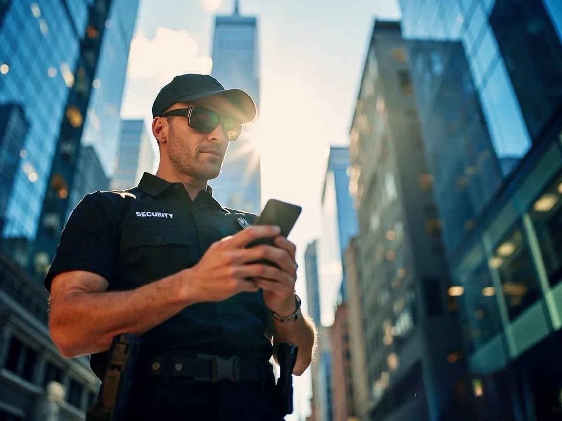 Security professional using a smartphone in a downtown high-rise district with glass buildings
