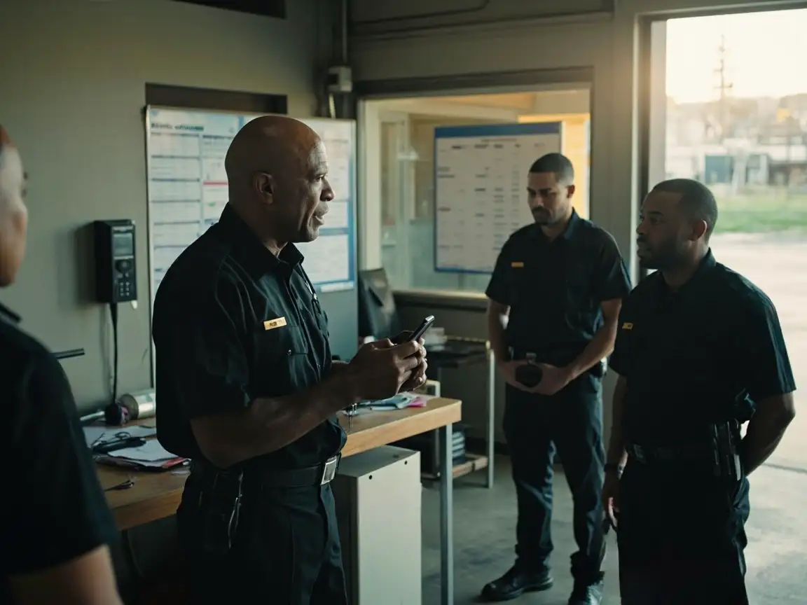 Security supervisor briefing guards inside a control room during shift training – Digital Guard Tour guard onboarding.