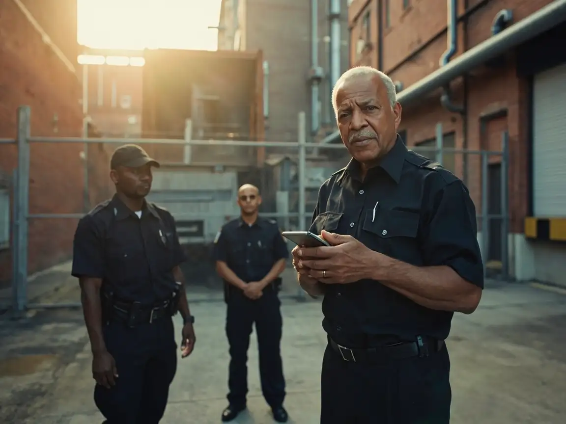 Senior security supervisor standing outside with a guard team during field patrol briefing – Digital Guard Tour rollout.