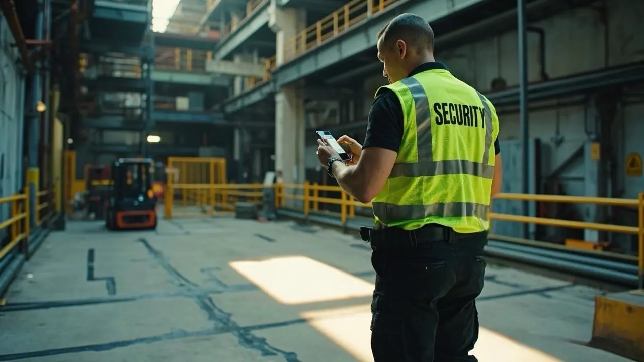 Security guard using the Digital Guard Tour mobile app during a factory patrol