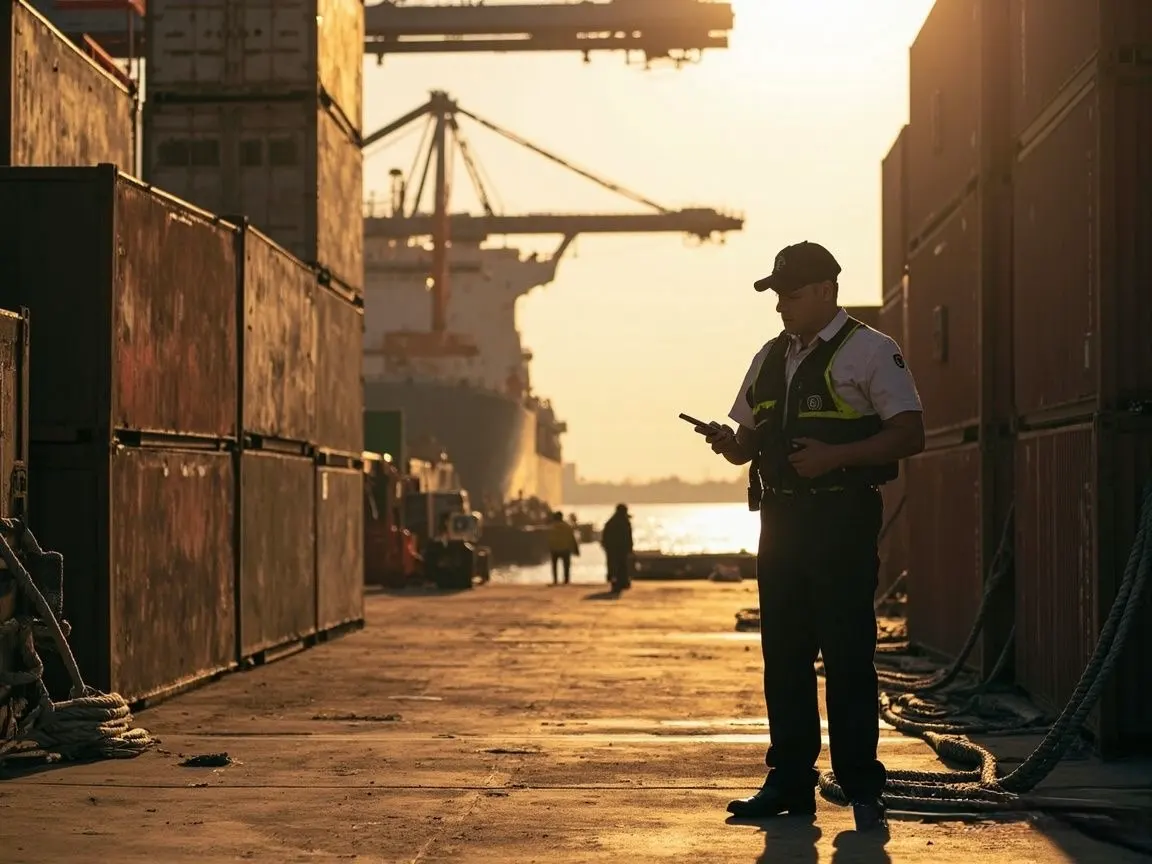 Security officer walking between cargo containers in a U.S. seaport while using a mobile device