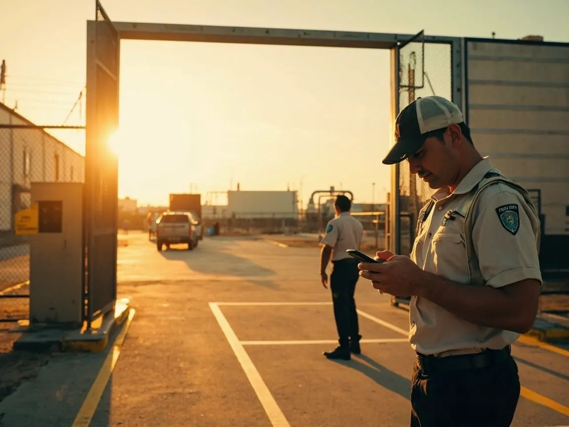 Security officer at an industrial entrance in a southern or Mexican-style facility, checking access information on a smartphone