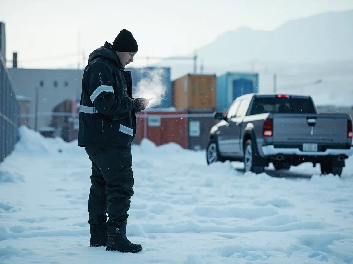 Security officer walking in a snowy northern U.S. facility while checking a GPS checkpoint with a mobile device
