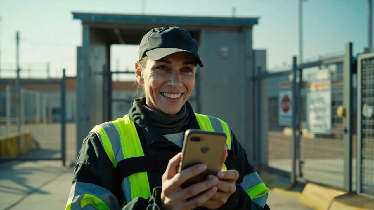 Female security officer smiling while reading a message on a smartphone near an industrial gate