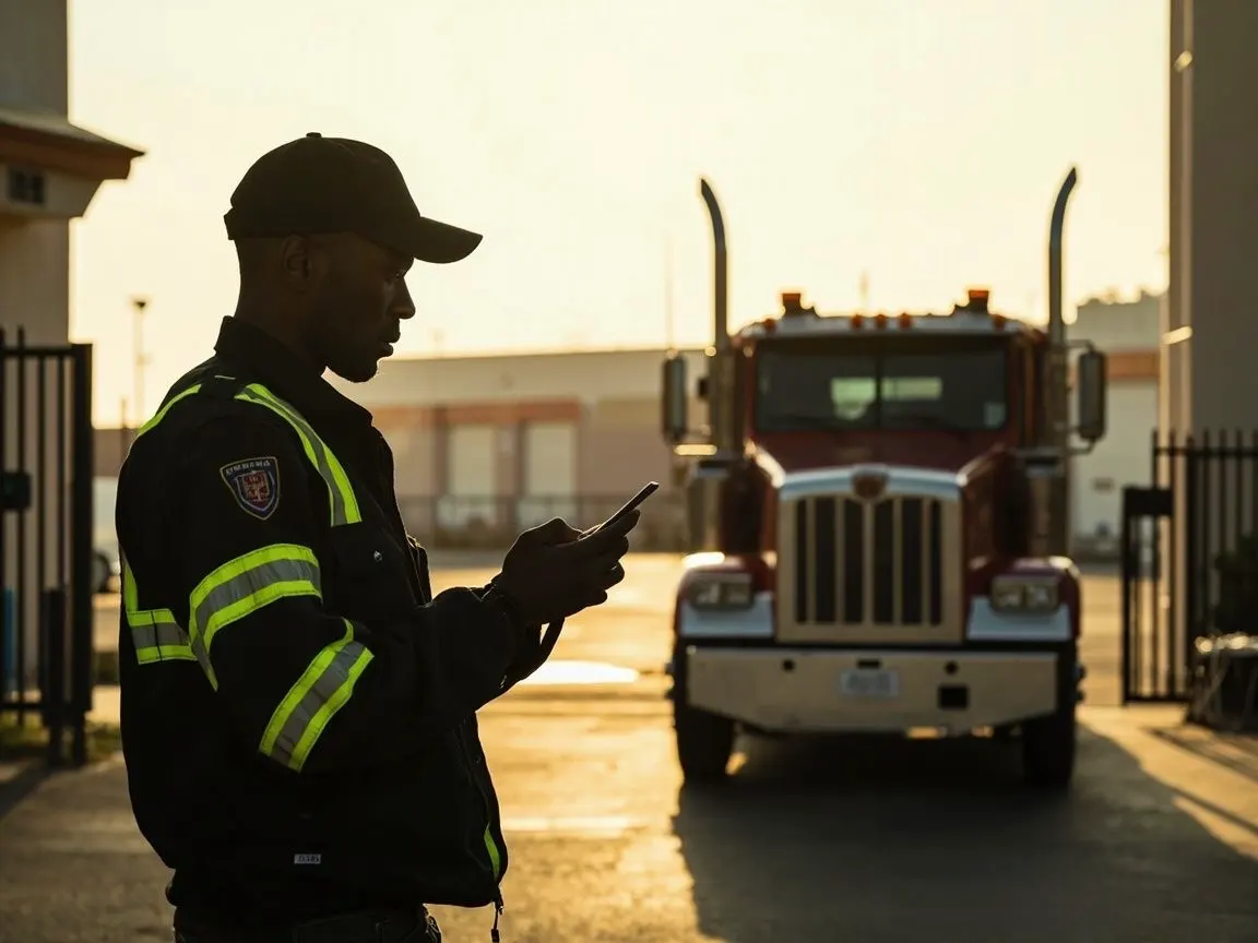Security officer standing in front of a truck at a factory gate while recording entry information on a mobile phone
