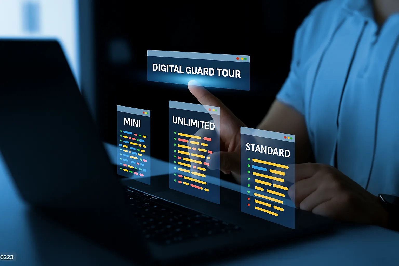Digital Guard Tour flexible pricing options — mini, standard and unlimited style plans displayed in glass UI