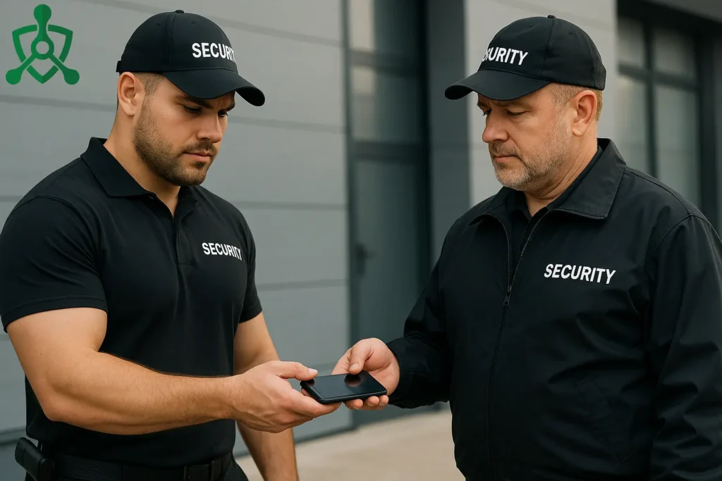 Security guards performing a shift handoff and checking patrol tasks on a mobile device — Digital Guard Tour system scenario.