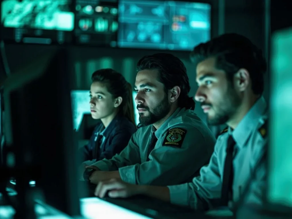 Security operators monitoring real-time site activity and multiple screens inside a modern U.S. dispatch center.