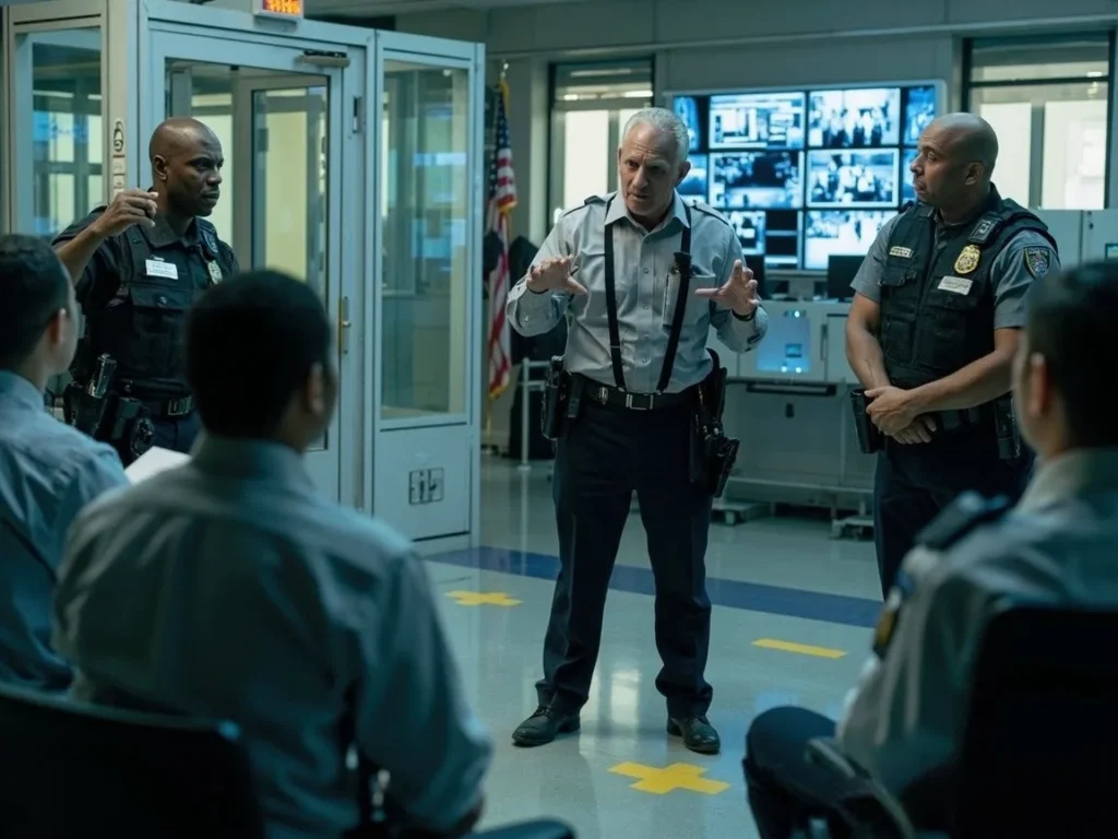Security supervisor giving briefing to guard team in a control room with multiple surveillance screens