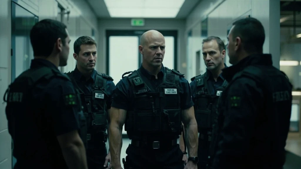 Security team briefing inside a professional control facility