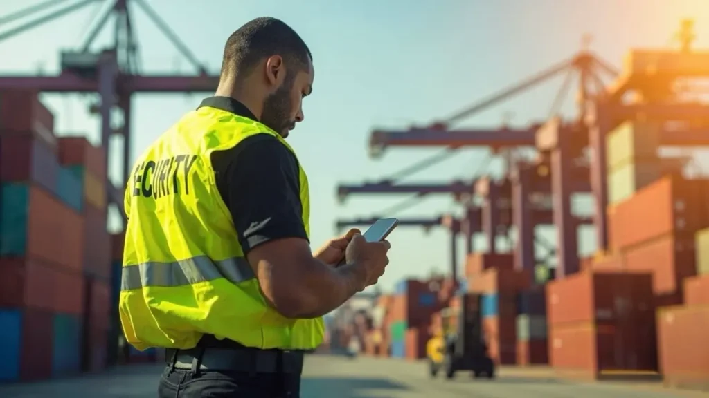 Unarmed U.S. security guard using the Digital Guard Tour mobile app at a commercial shipping port — high-visibility vest, GPS & QR patrol verification.