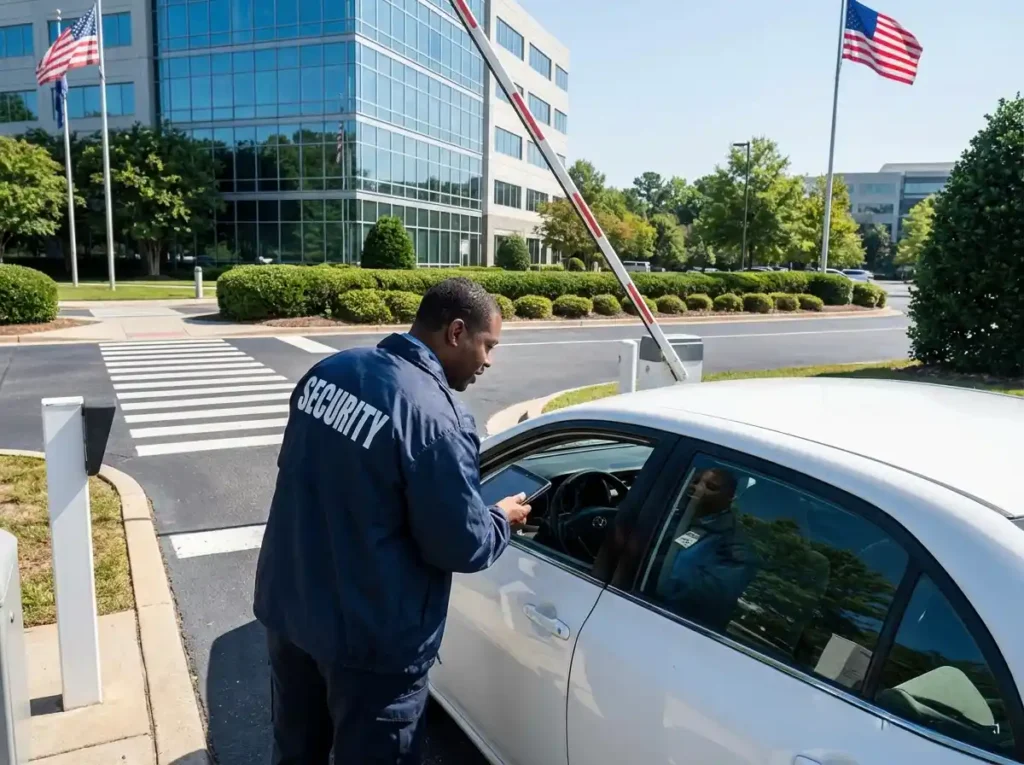 Security guard using the Digital Guard Tour app to check a vehicle at an office park entrance in the United States