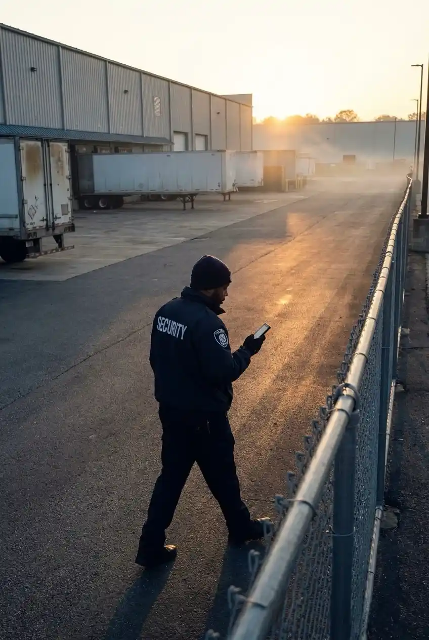 Security guard using Digital Guard Tour GPS patrol system at a warehouse