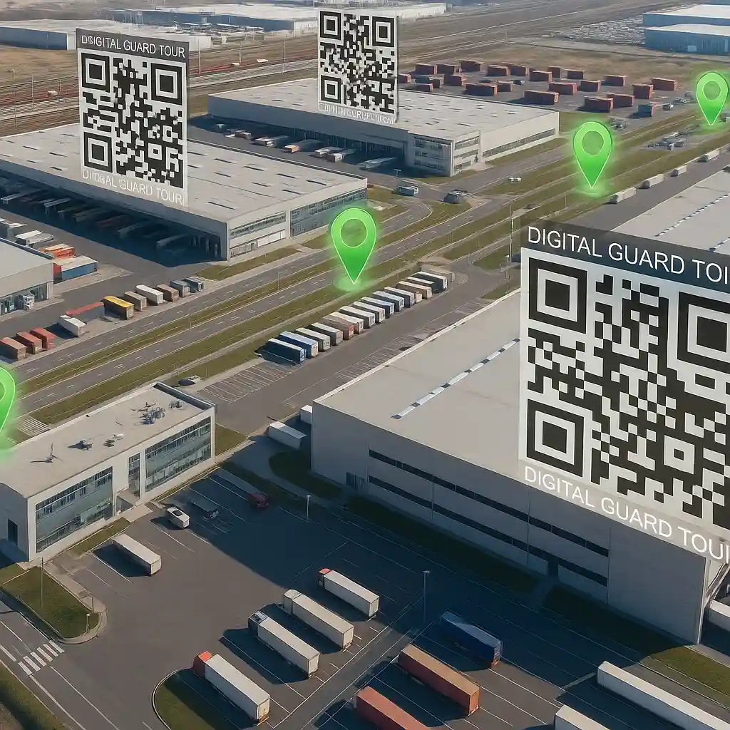 AI-verified guard tour system showing GPS and QR-code checkpoints across a logistics facility