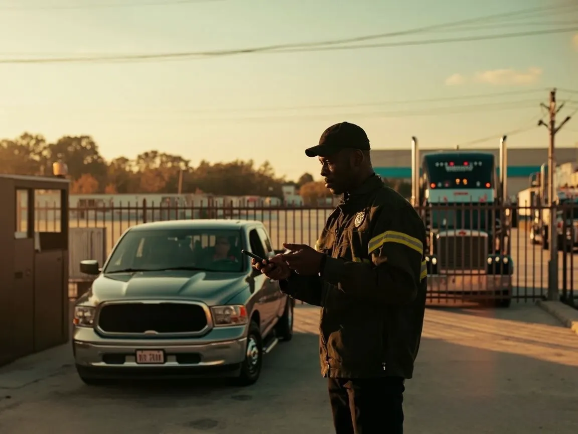 Security officer in the U.S. checking vehicles at a gate using the Digital Guard Tour app.