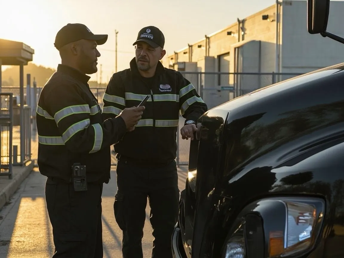 Supervisors giving a patrol briefing to security guards before night rounds.