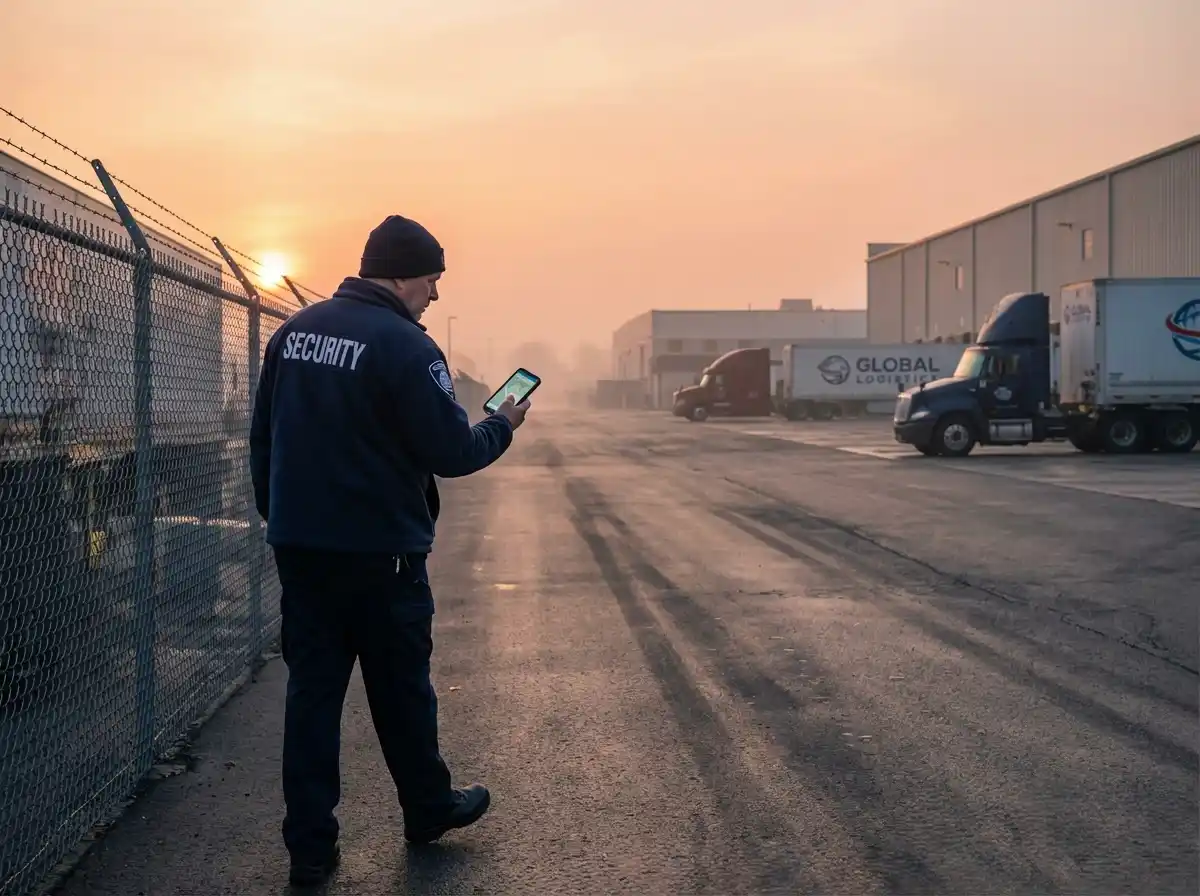 Security guard performing a GPS-based patrol in a warehouse using the Digital Guard Tour system.