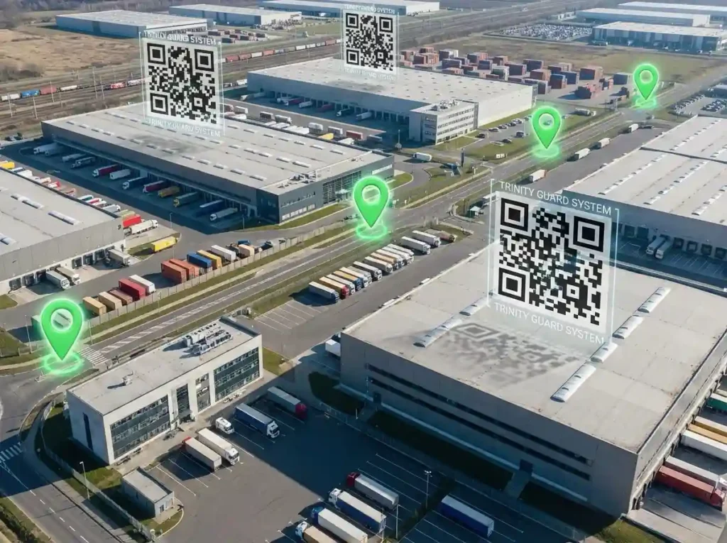 Logistics warehouse showing a plug-and-play guard tour system with GPS tracking pins and QR code checkpoints for security patrols