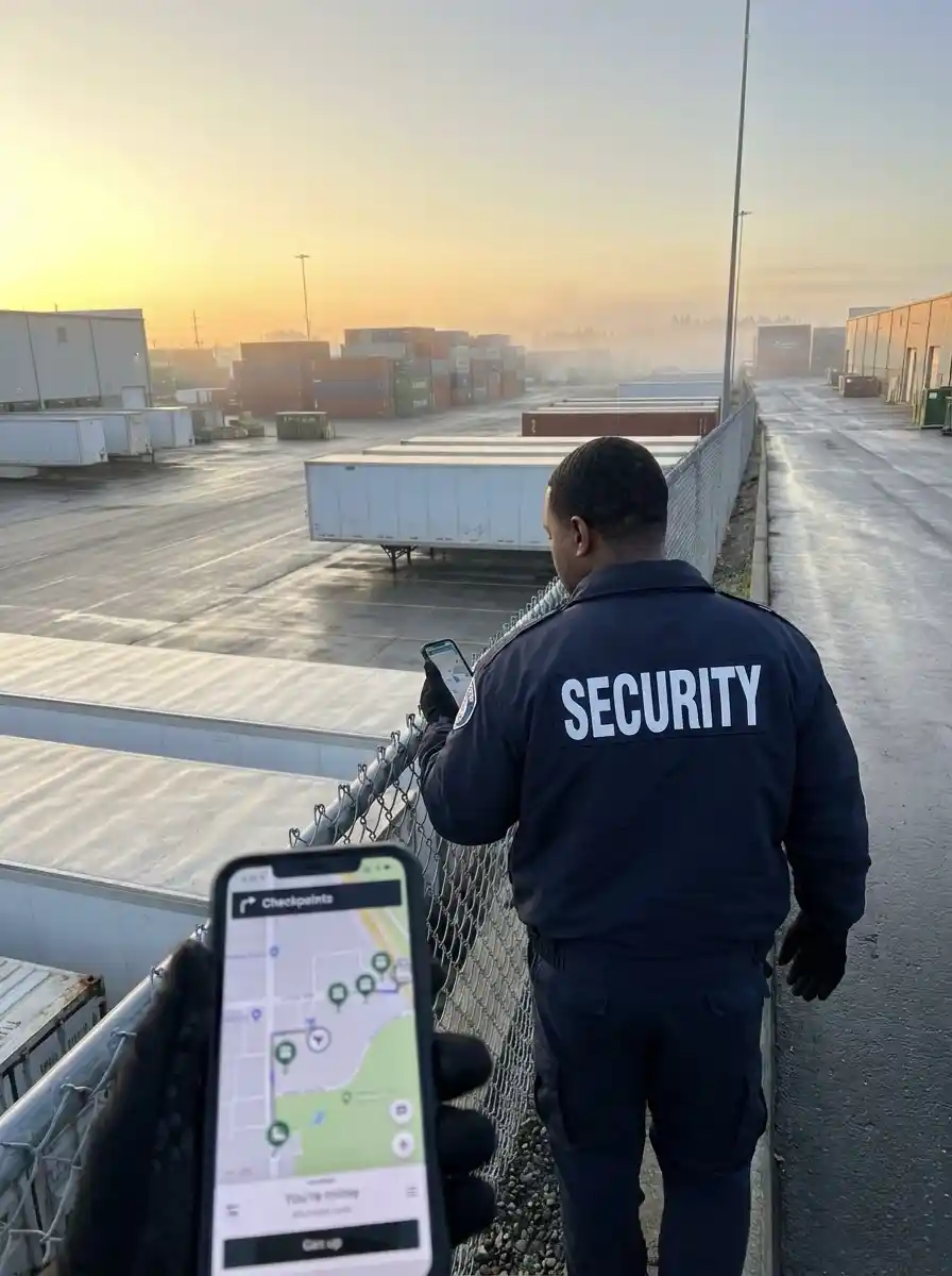 Security guard using the Digital Guard Tour mobile app during a GPS patrol at a warehouse site in the U.S.
