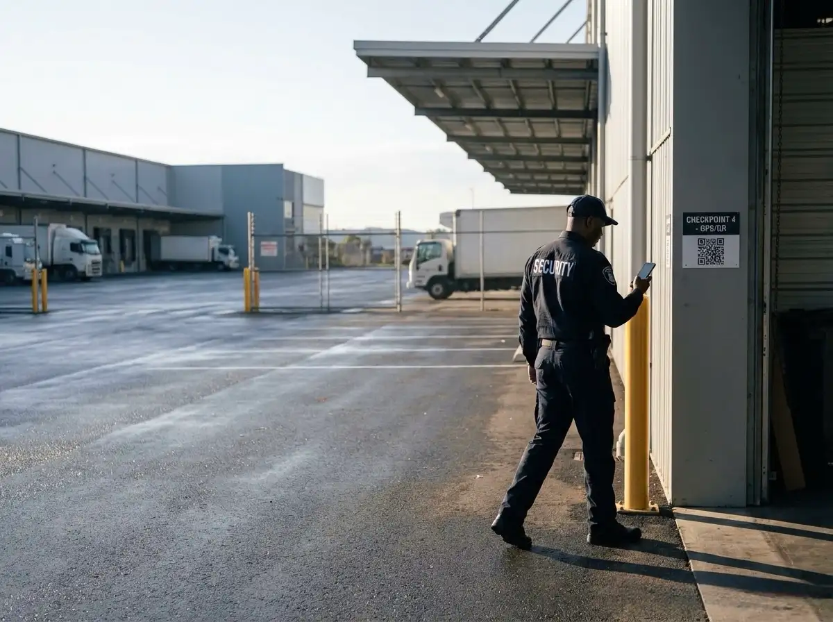 Security guard scanning a QR checkpoint at a warehouse during a Digital Guard Tour patrol.