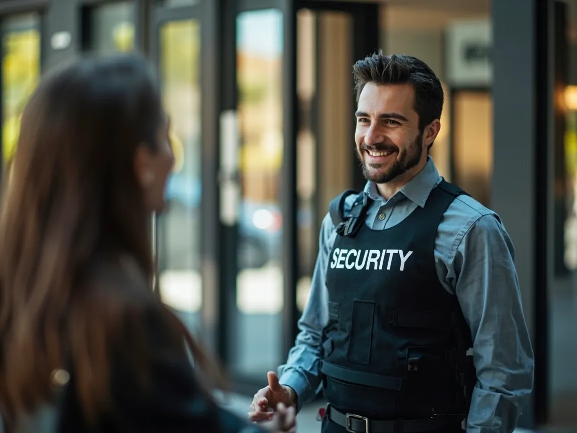 Security officer managing lobby access control at a corporate building.