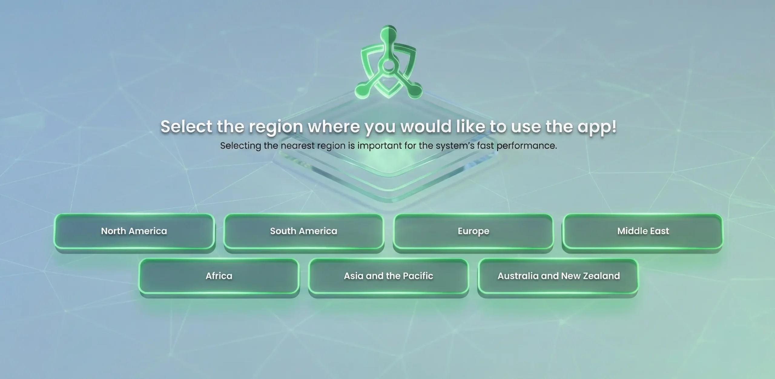 Trinity Guard® region selection screen for cloud infrastructure—choose the nearest region to improve performance, data integrity, and audit-ready operations.