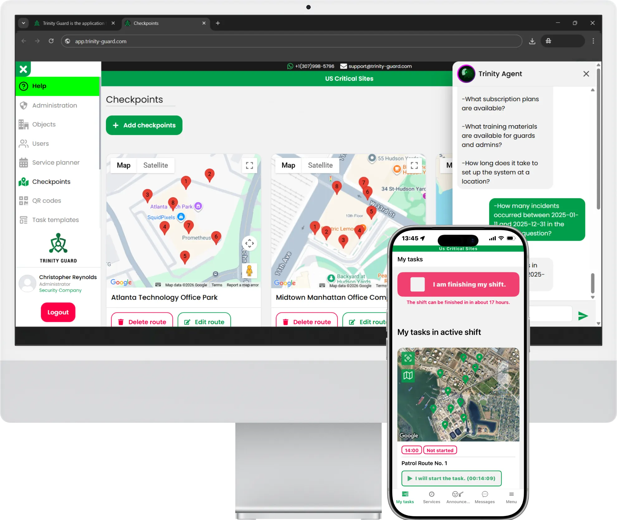 Guard tour dashboard with GPS, QR checkpoints and full route history
