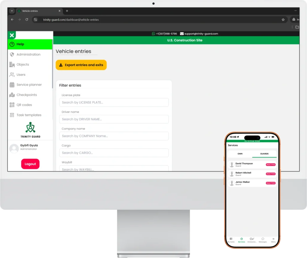 Digital Guard Tour dashboard showing vehicle entry logs and mobile patrol verification data used to prevent diesel theft.