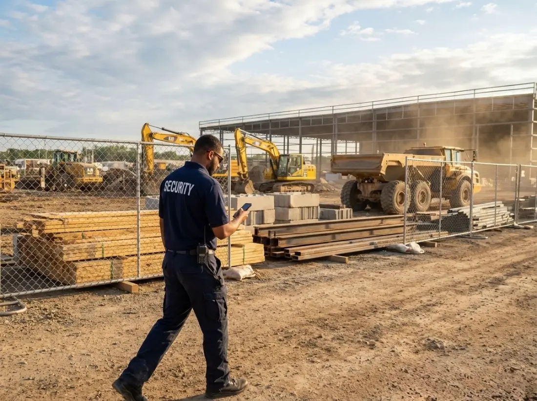 Construction security guard using a mobile patrol app on a jobsite
