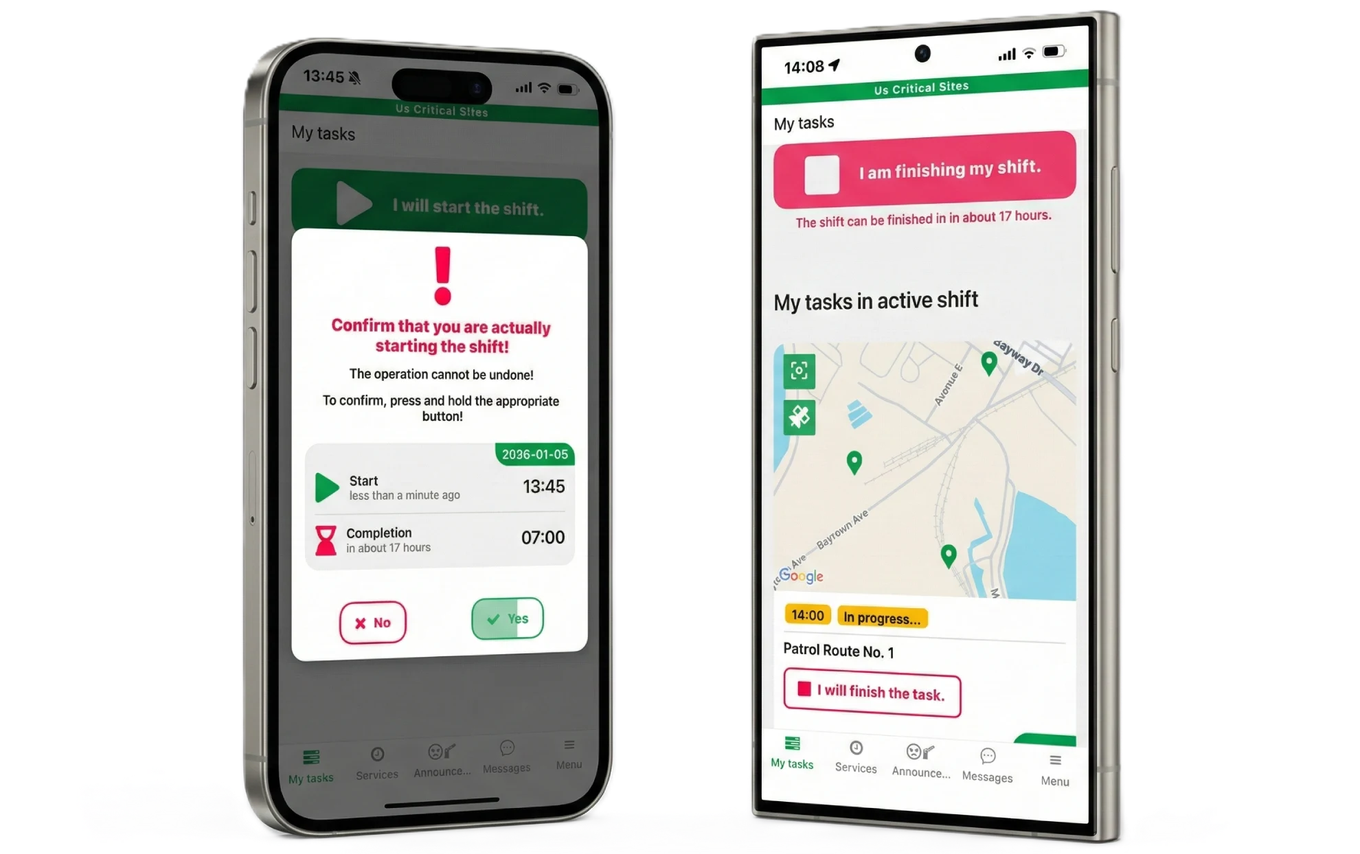 Placeholder: 3D render of Trinity Guard patrol app on iPhone and Samsung Galaxy. The iOS screen (left) displays the shift start confirmation, while the Android screen (right) shows the active GPS patrol map.