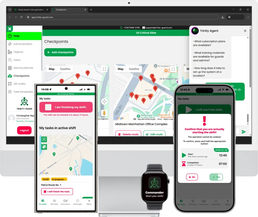 Trinity Guard mobile patrol app running on Android Samsung Galaxy showing GPS map, iPhone 15 showing shift start, and Apple Watch displaying real-time notifications and messages.