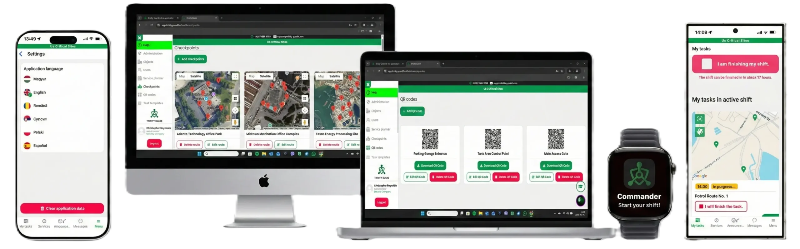 Guard tour patrol system dashboard shown across monitor, laptop, mobile phone and smartwatch