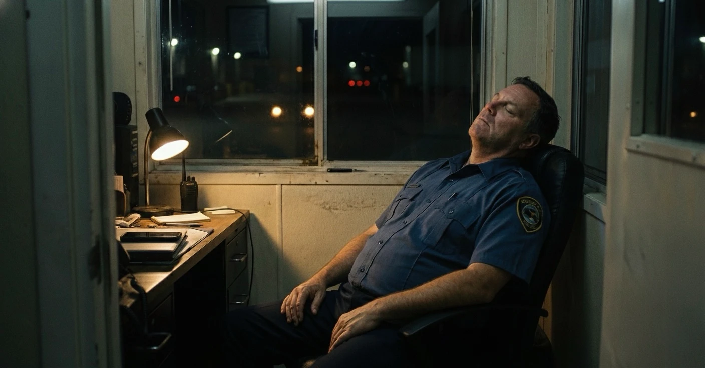 Placeholder: security officer during night patrol.