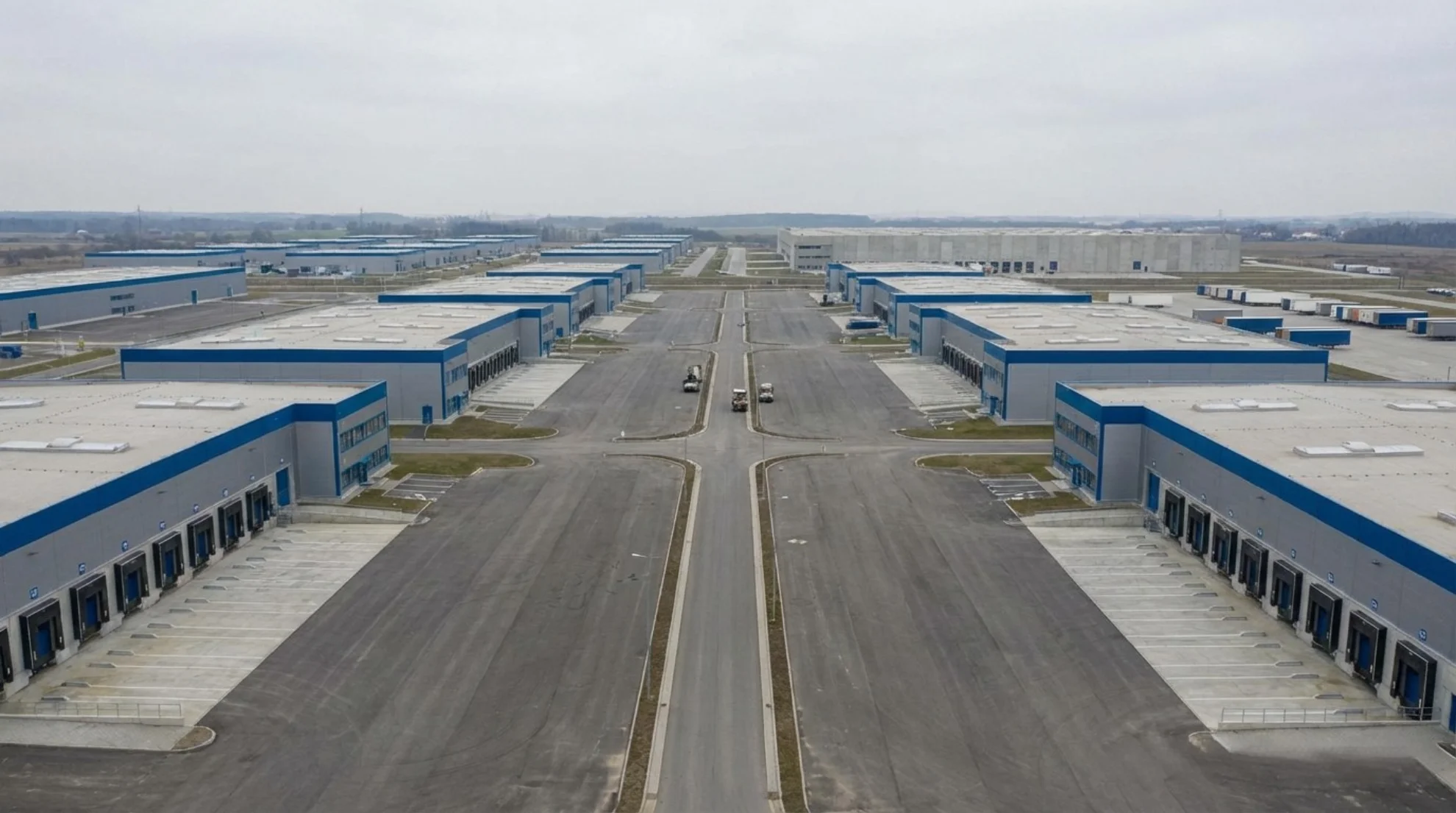 Repeated logistics infrastructure illustrating region-based, scalable deployment across multiple geographic locations.