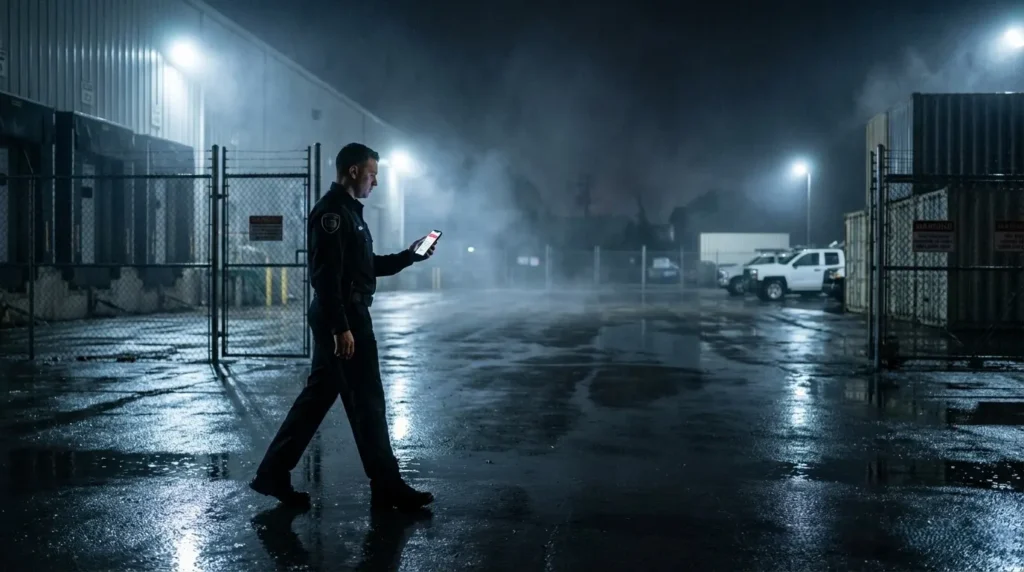 Security guard on patrol at night in an industrial site using a mobile guard tour app