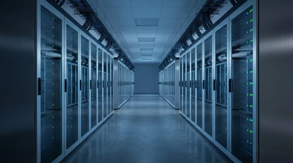 Modern data center symbolizing the scalable AI infrastructure behind Trinity Guard® patrol verification.