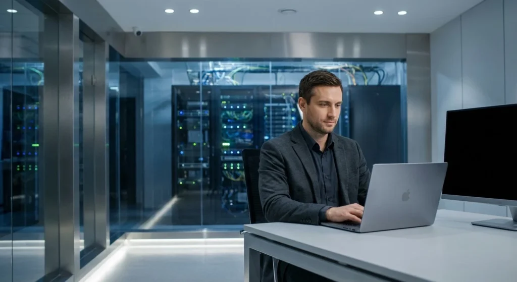 Enterprise DevOps engineer remotely deploying Trinity Guard software to dedicated secure server infrastructure