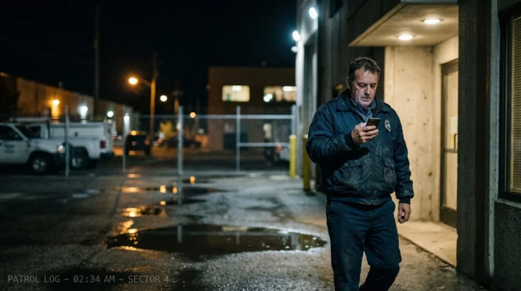 Security guard verifying a night patrol on site using a mobile device, illustrating audit-ready proof and accountability in physical security operations.