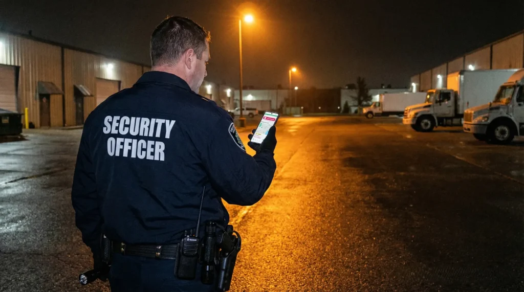 US security officer performing a night patrol at an industrial site while using a mobile patrol application