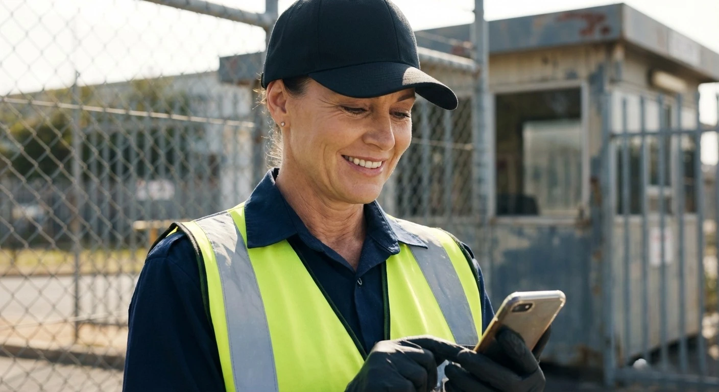 Female security officer smiling while reading a message on a smartphone near an industrial gate