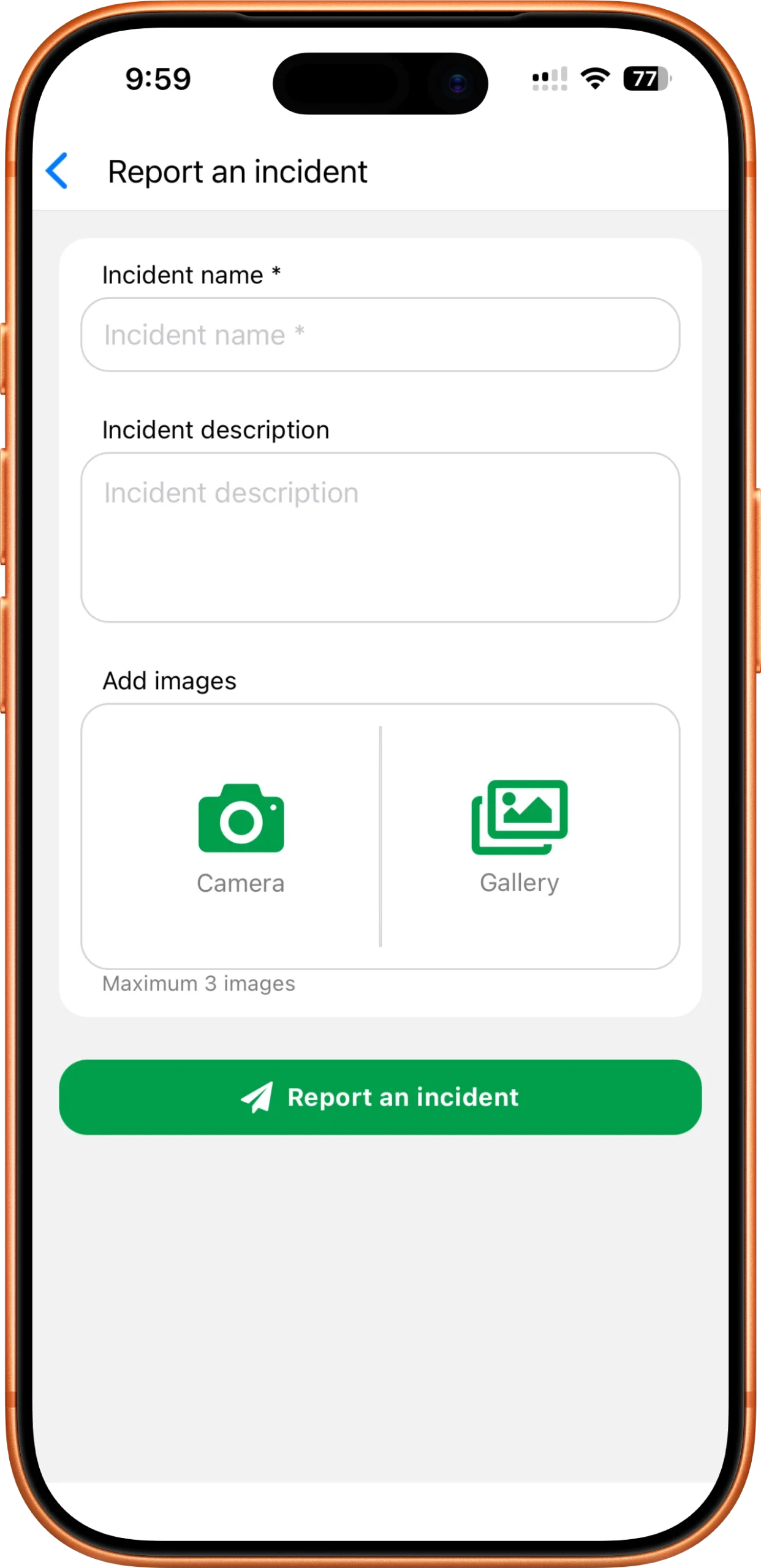 Incident reporting screen shown on a mobile patrol app during a warehouse security inspection.