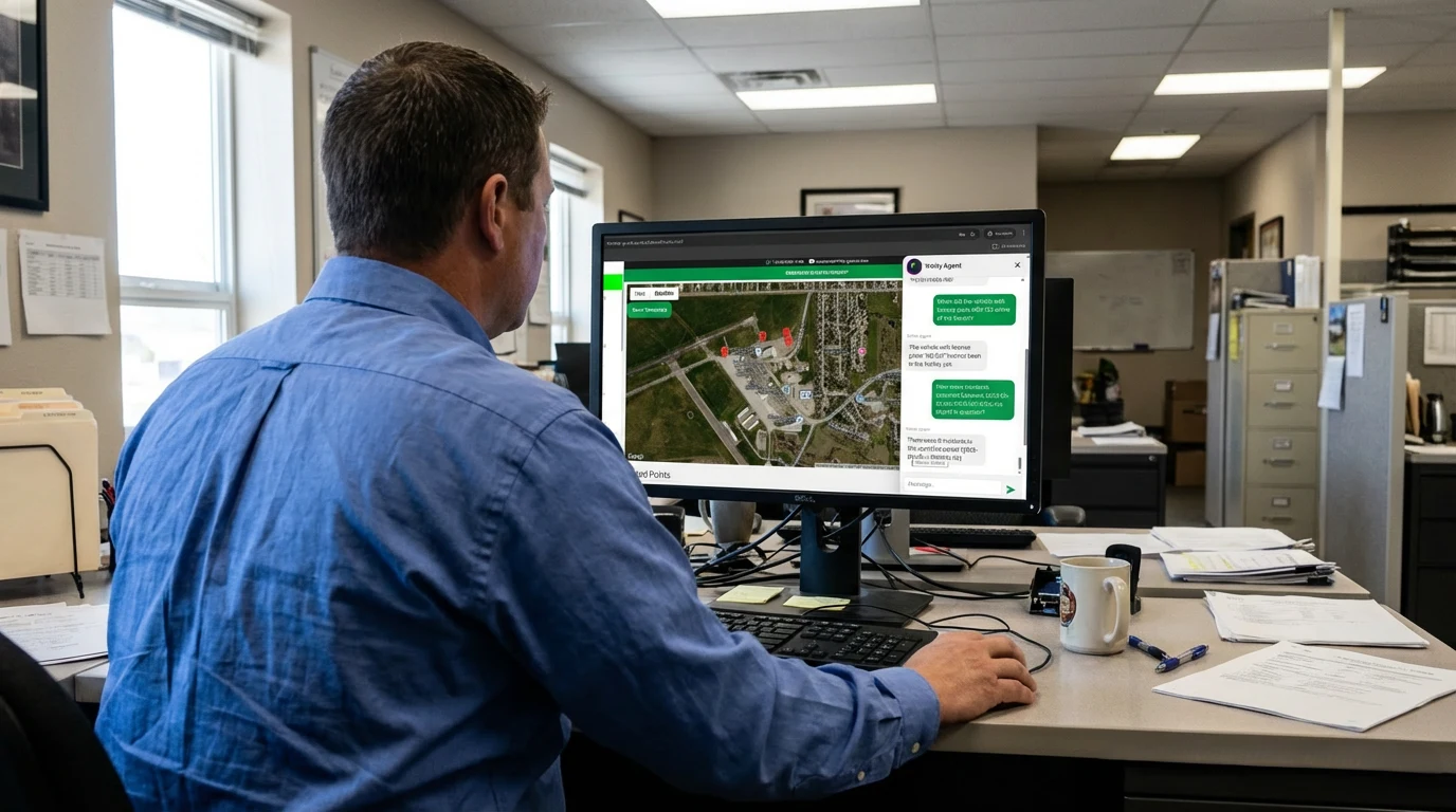 Security supervisor reviewing active patrol status and checkpoint progress on a monitoring dashboard