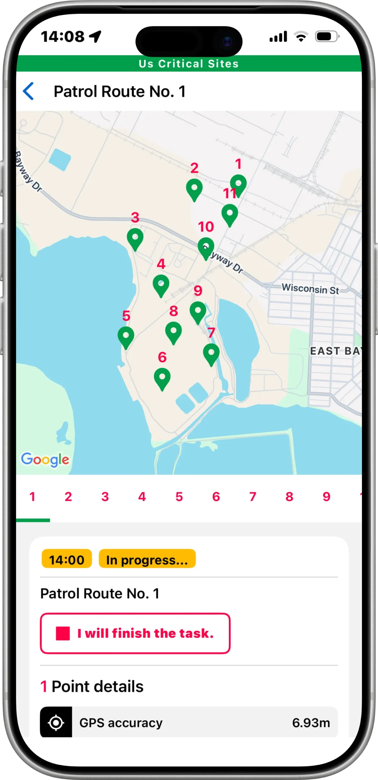 Digital Guard Tour mobile app showing patrol route map with GPS checkpoints and patrol verification