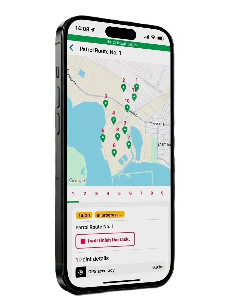 Guard tour app interface showing patrol checkpoints, QR verification, and field workflow