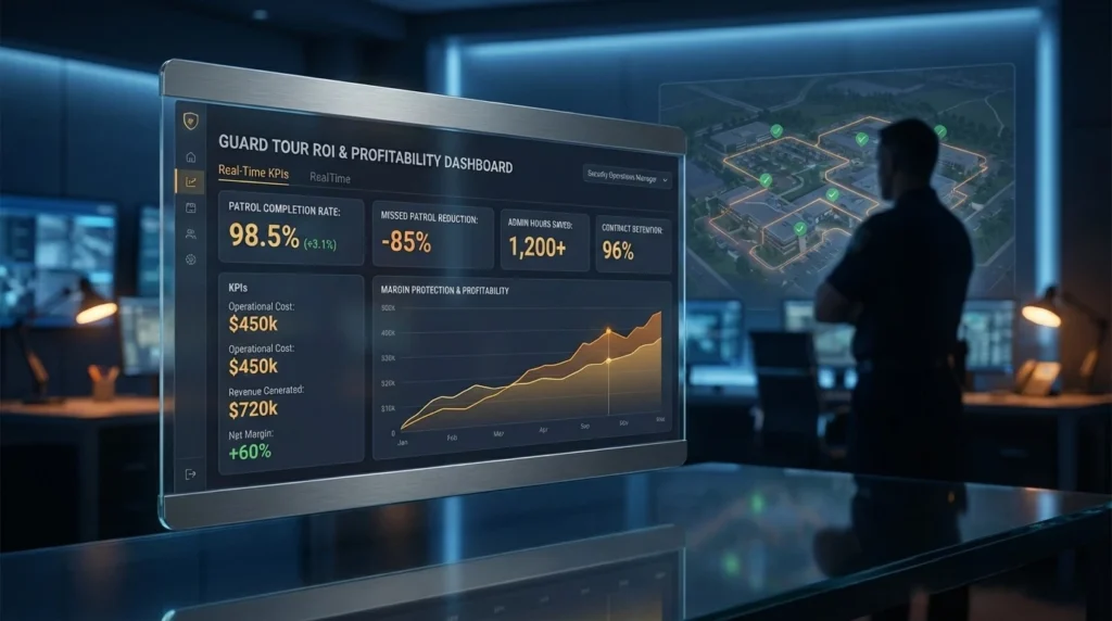Security operations profitability dashboard with patrol verification metrics and margin protection KPIs for guard tour systems
