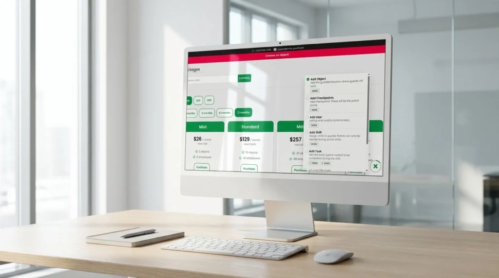 Guard tour system software pricing dashboard with real operational setup including checkpoints, user management and patrol configuration on a modern desktop interface