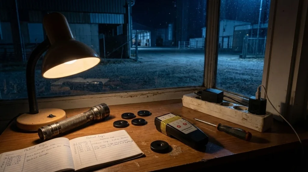 RFID guard tour patrol system reader with checkpoint discs and patrol log inside a night security guard shack