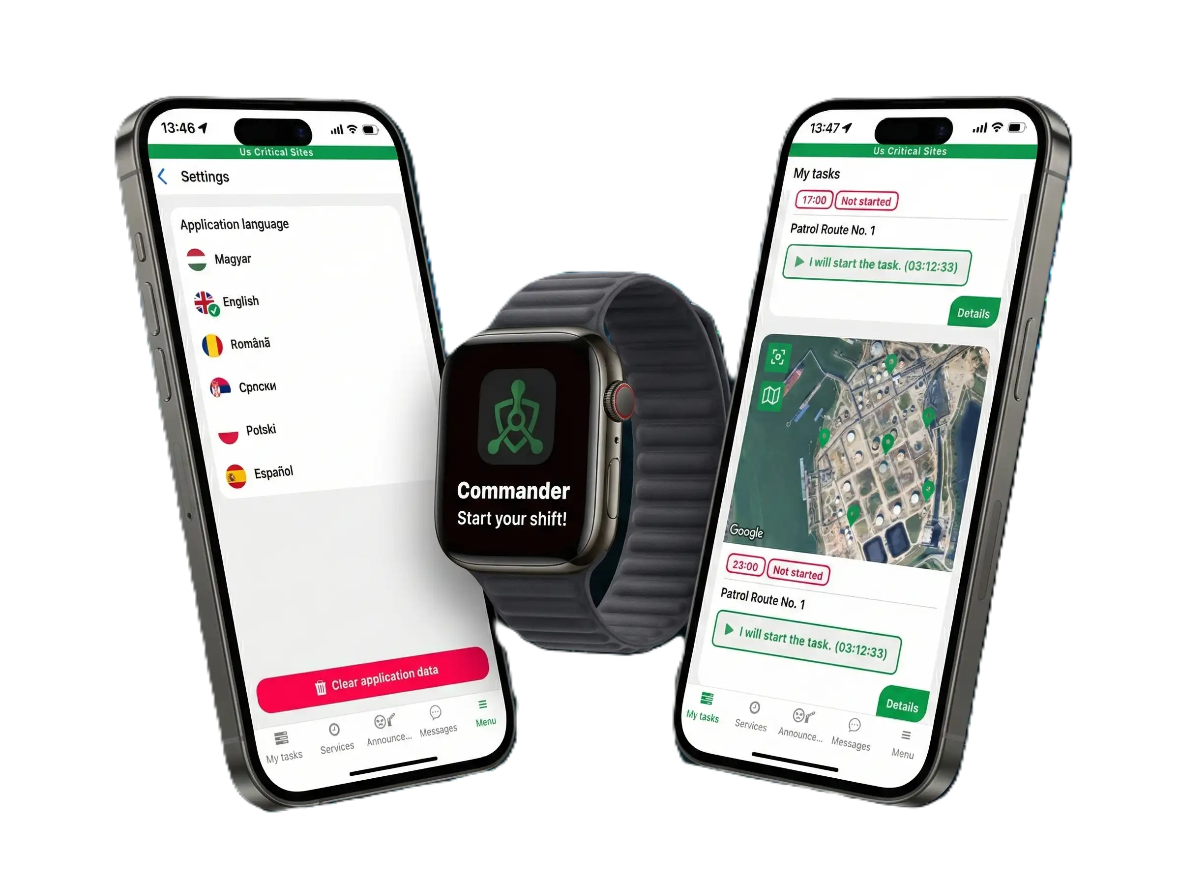 Security guard app visual placeholder with patrol verification interface and field workflow