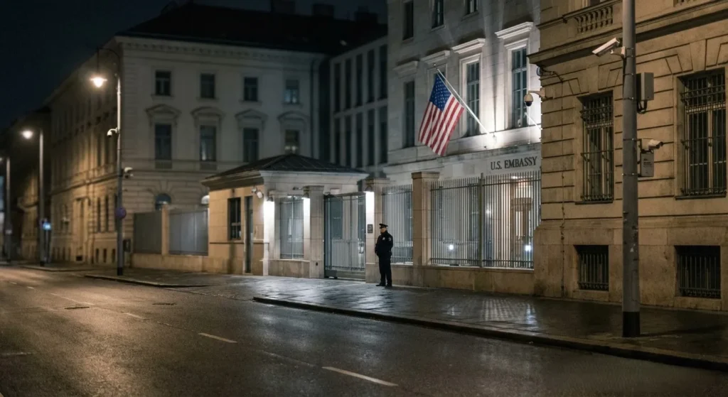 Security guard on night patrol outside the U.S. Embassy during late night security operations