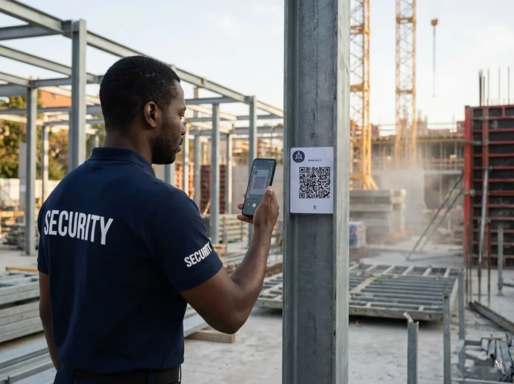 alt="Security guard scanning a QR checkpoint during patrol verification at an industrial construction site"